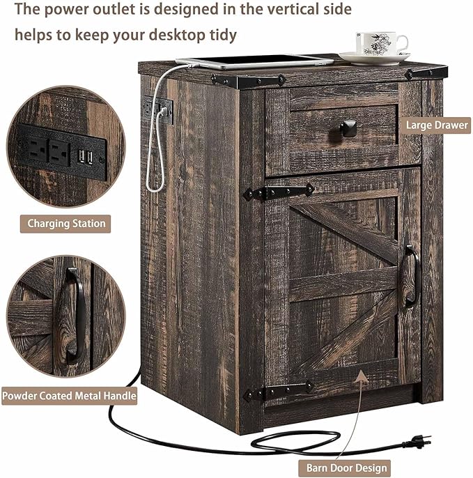 SOOWERY Nightstands Set of 2, Nightstand with Charging Station, Farmhouse End Table with Barn Door and Drawer, Rustic Wood Sofa Side Table for Bedroom, Living Room, Dark Rustic Oak
