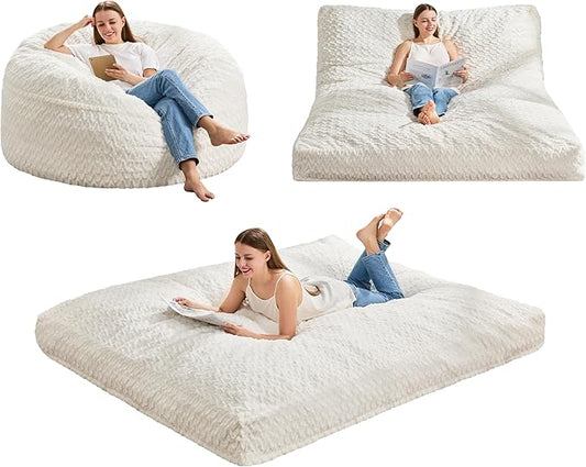 Hobestluk Bean Bag Chair Convertible Beanbag Chairs for Adults, 3 in 1 Bean Bags with Plush Chevron Cover, Adult Bean Bag Chair for Living Room, Bedroom (White, Queen)