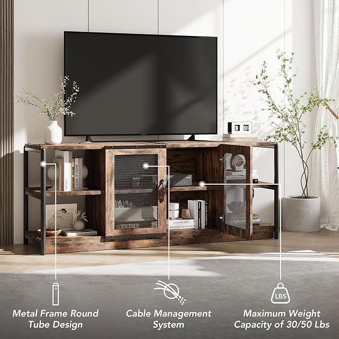 GarveeHome Farmhouse TV Stand for 65/75 inch TV, Entertainment Center with Storage Cabinet, Industrial TV Console Cabinet with Mesh Doors, 63" Rustic TV Media Console Table for Living Room, Vintage