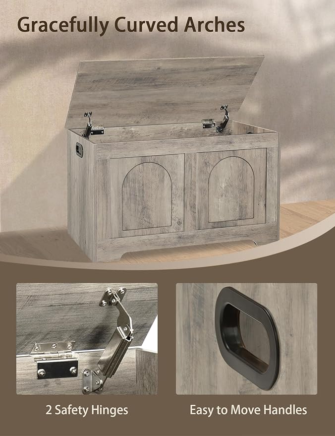 DINZI LVJ Storage Chest, 31.5”Wooden Toy Box with 2 Safety Hinges, Entryway Storage Bench with Flip-Top, Sturdy Storage Trunk for Living Room, Bedroom, Easy Assembly, Gray Wash