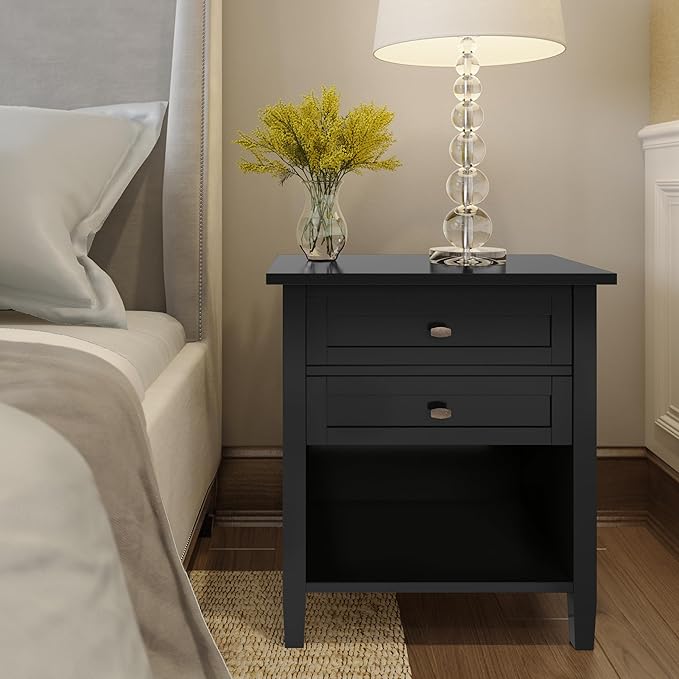 SIMPLIHOME Warm Shaker SOLID WOOD 24 inch Wide Transitional Bedside Nightstand Table in Black for the Living Room and Bedroom