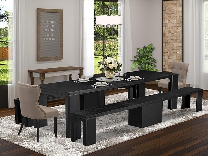 X02SI-206-48 - 5-pc Modern Dining Room Table Set a Rectangular Kitchen Table and 2 wooden Benches and 2 coffee Linen Fabric Dining Chair, 39x120 Inch, Wire Brushed Black