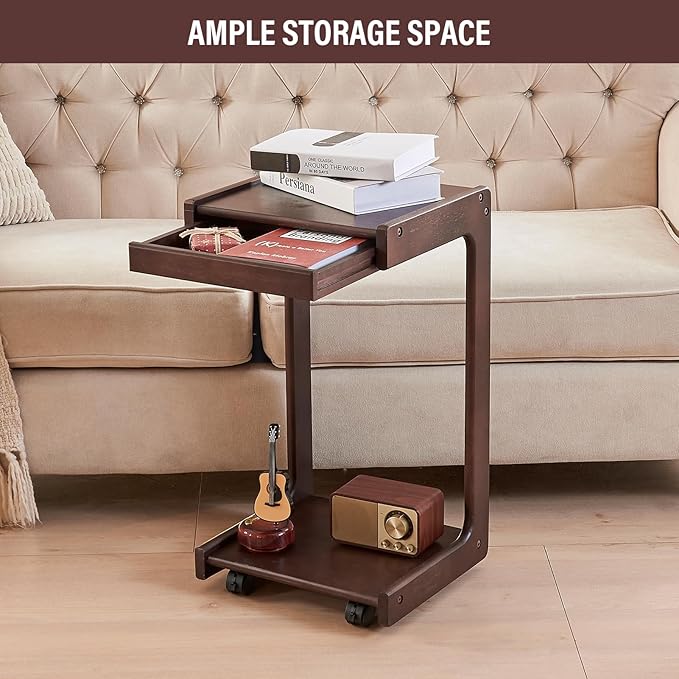 CozyDH C Shaped Solid Wood End Table, Rolling Side Table TV Sofa Tray Table for Eating,Multi-Purpose C Couch Arm Table, Small Coffee Table with Wheels Living Room Bedroom, Walnut