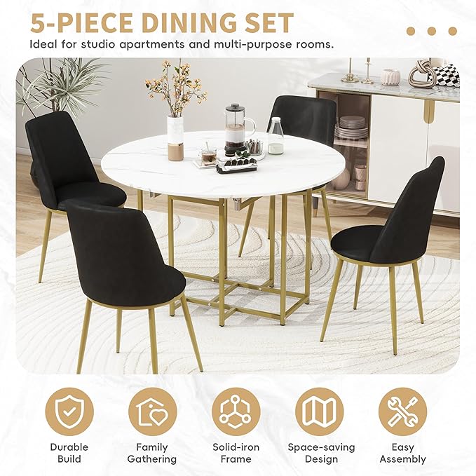 Ball & Cast Space-Saving 5-Piece Extendable Kitchen Dining Table Set w/ 4 Upholstered Chairs,Round Faux Marble Top with Golden Frame,Compact Foldable Design,for Small Spaces,White+Black