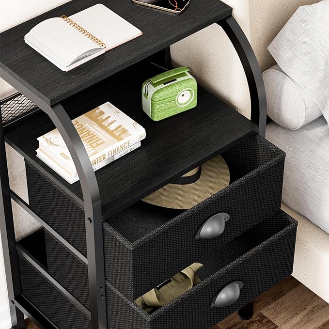 Night Stand Nightstand with Drawer Black Nightstands Storage Night Stands 3 Drawers Bedside Dressers Table Open Shelves Bed Side End Tables for Bedroom Living Room Furniture Small Table Fabric Cabinet