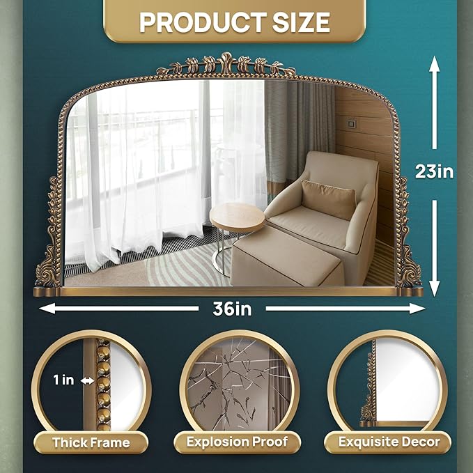 36"x23" Vintage Baroque Mirror - Ornate Antique Brass & Wood Frame, Handcrafted Arched Wall Mirror for Entryway, Living Room, Fireplace Mantel, Bathroom or Hallway Decor