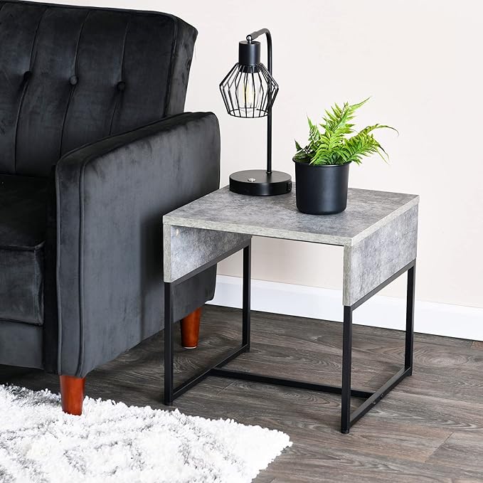 Household Essentials Wrap Square Side End Table Rustic Slate Concrete and Black Metal