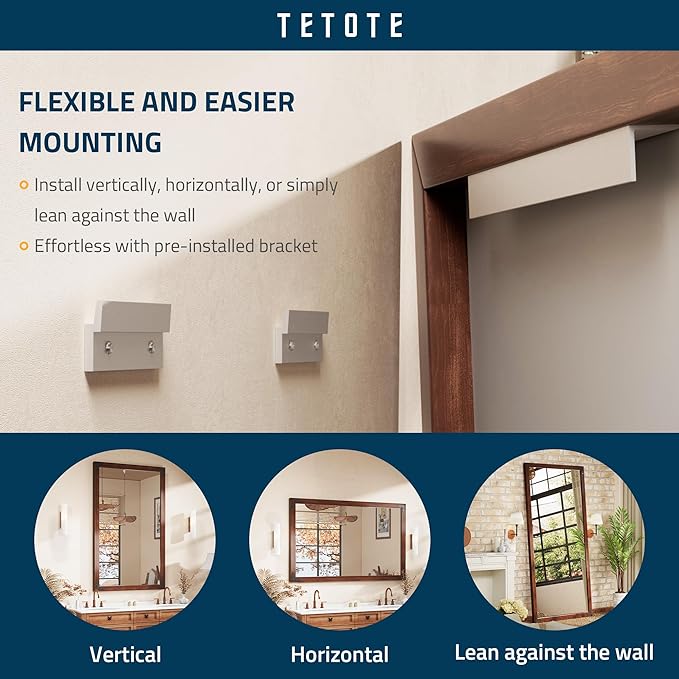 TETOTE 18 x 26 Walnut Wood Mirror for Bathroom Wall/Bedroom/Living Room/Entryway Farmhouse Rustic Bathroom Vanity Mirror for Over Sink Waterproof (Horizontal/Vertical Mounted)