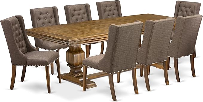 NKFO9-AWA-18-9-Piece Kitchen Set Consists of a Dinner Table and 8 Brown Linen Fabric Kitchen Chairs with Button Tufted Chair Back - Antique Walnut Finish.