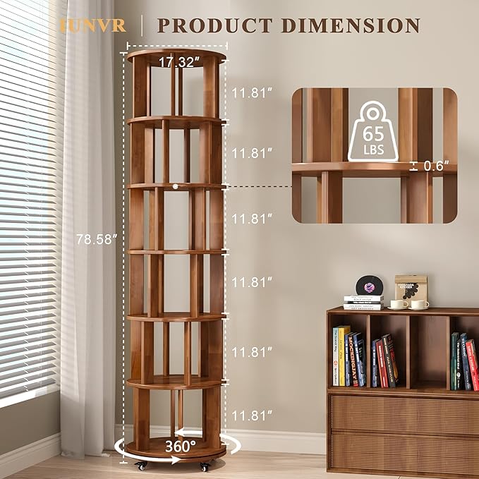 6 Tier Bookshelf Tower, 360° Solid Wood Spinning Bookcase with Swivel Wheels, Floor Standing Book Shelf for Small Space, Bookshelf for Home Office Study Room Bedroom Living Room