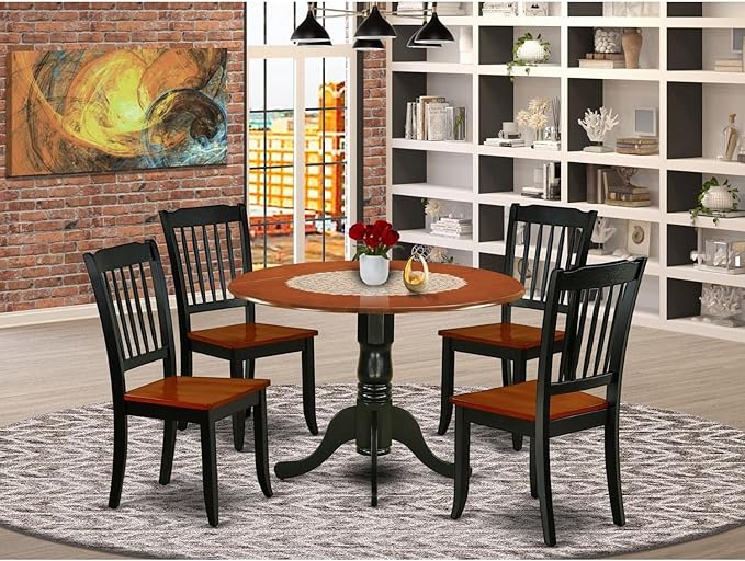 East West Furniture DLDA5-BCH-W 5 Piece Dining Table Set for 4 Includes a Round Kitchen Table with Dropleaf and 4 Kitchen Dining Chairs, 42x42 Inch, Black & Cherry