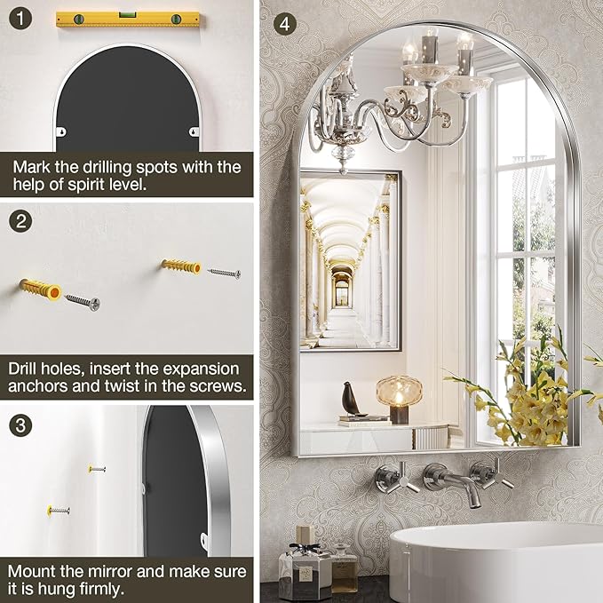 Brightify Arched Mirror, Arched Wall Mirror, 26 x 38 Inch Silver Arch Mirror, Metal Frame Silver Bathroom Mirror, Arched Top Bathroom Vanity Mirror for Living Room Bedroom Mantel Entryway Hallways