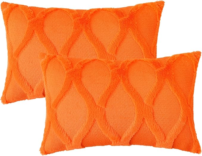 decorUhome Fall Throw Pillow Covers 12x20 Inch Set of 2, Soft Plush Faux Fur Wool Lumbar Orange Couch Pillow Covers, Decorative Neutral Pillow Cases for Bed Sofa Living Room Home Decor