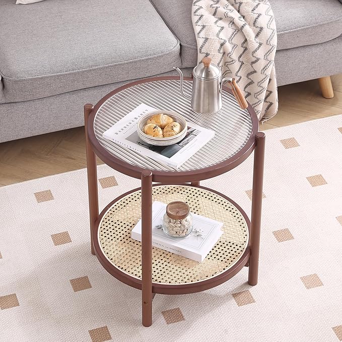 Tiita Rattan Coffee Table, Round End Table, 2-Tier Modern Side Table, Small Bamboo Living Room Side Table, Glass Sofa End Table for Balcony and Office Outdoor/Indoor (Walnut)