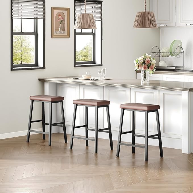 HOOBRO Bar Stools, 24" Set of 2 Bar Chairs, PU Leather Upholstered Breakfast Stools, Easy Assembly, Suitable for Kitchen, Bar, Dining Room, Brown and Black BC01MD01
