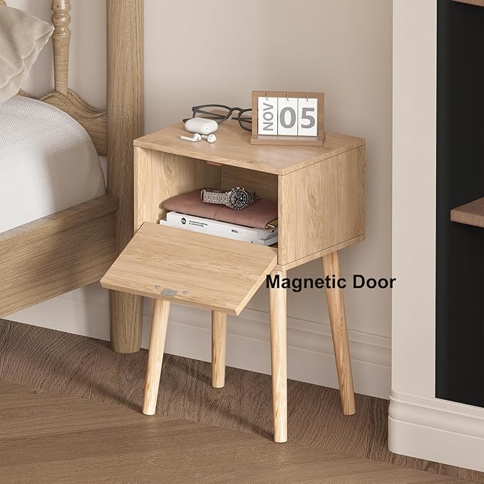 Nightstand Set of 2, Small Bed Side Table with Arch Door, Mid-Century End Table with Wood Legs for Bedroom, Small Space (Natural)