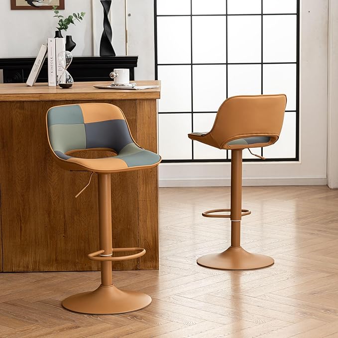 YOUNIKE Bar Stools Set of 2, Boho Colorful Patchwork Barstools, Adjustable Swivel Counter Height Bar Stool Faux Leather Upholstered Barstool with Back, Compact Bar Chair for Kitchen Island, TanGreen