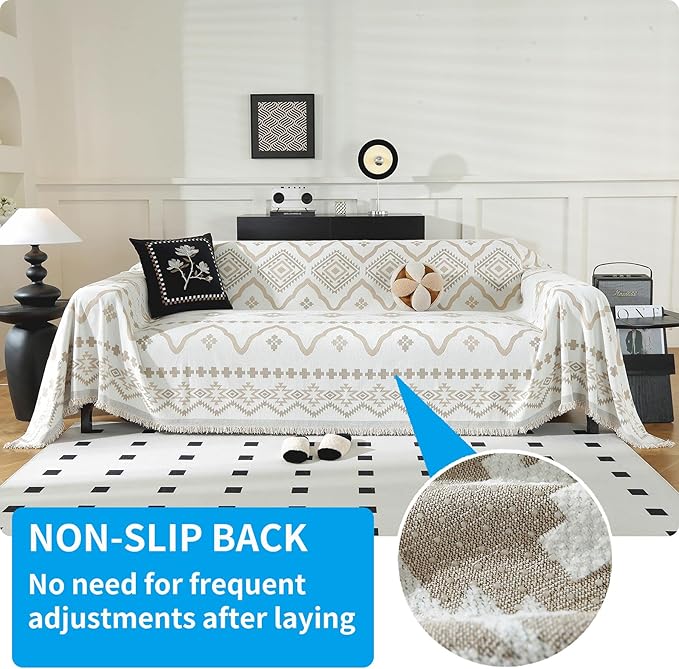 LUFEIJIASHI Boho Couch Covers for Sofa Non Slip Sofa Covers Washable Couch Covers for 3 Cushion Couch Sofa Pet Friendly Sectional Couch Cover Blanket Furniture Protector for Dogs (Khaki, 71"x134")