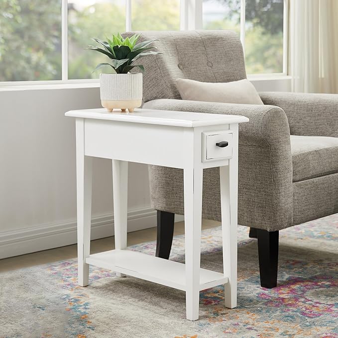 Haven Ridge Narrow End Table, Solid Wood Side Table with Drawer and Shelf, Farmhouse White, Perfect for Living Rooms, Bedrooms, and Small Spaces – Leick Home, 214361