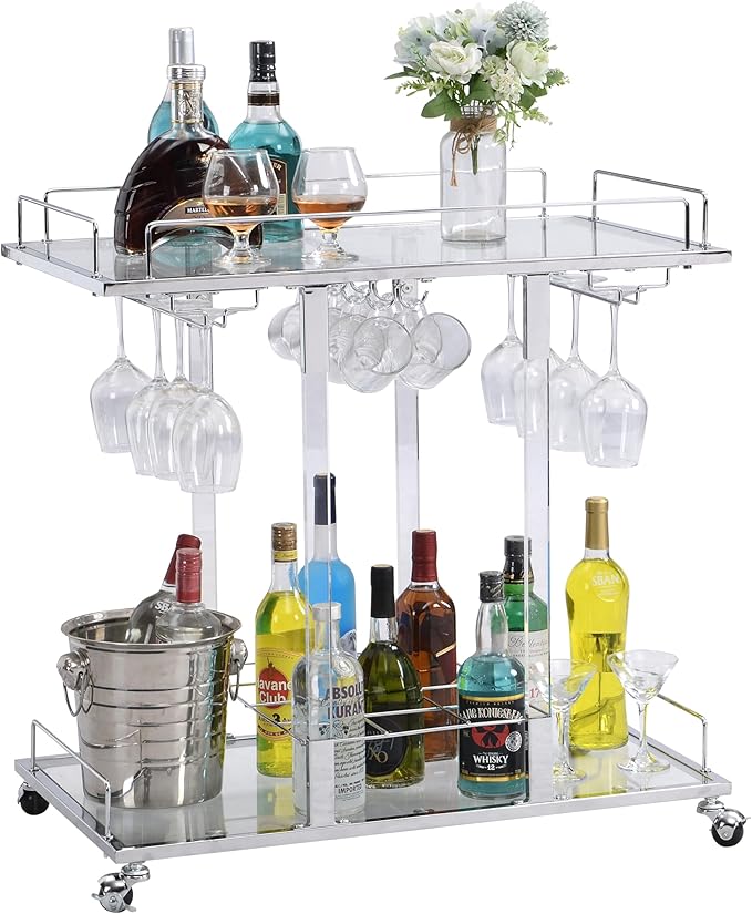 Silver Bar Cart for Home Bar Chrome Serving Cart with Wine Rack 2-Tier Acrylic Rolling Bar Carts on Wheels Clear Dessert Cart Lucite Bar Stand Glass Liquor Cart for Living Room Kitchen Club