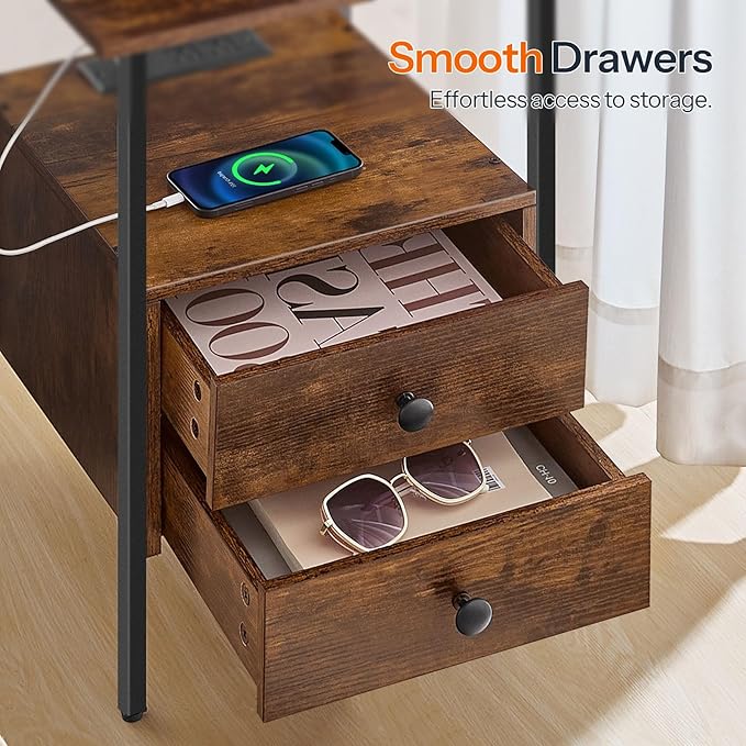 HOOBRO End Table with Charging Station, Bedside Table with 2 Drawer & USB Port & Type-C Port, Nightstand for Small Spaces, Stable and Sturdy, for Living Room, Rustic Brown BF43UBZ01