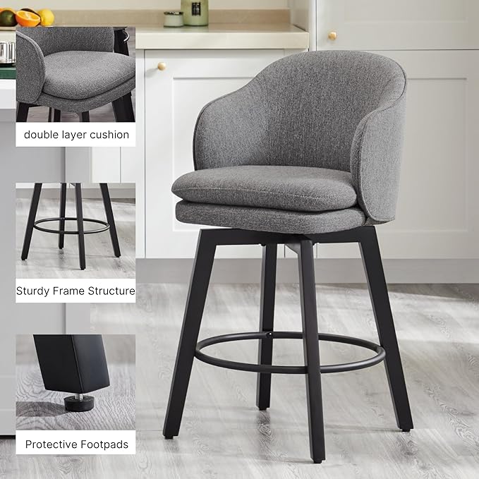 Counter Height Barstools 26 inch Upholstered Swivel Bar Stools with Back and Wood Legs for Kitchen Island,Set of 4,Dark Grey Fabric