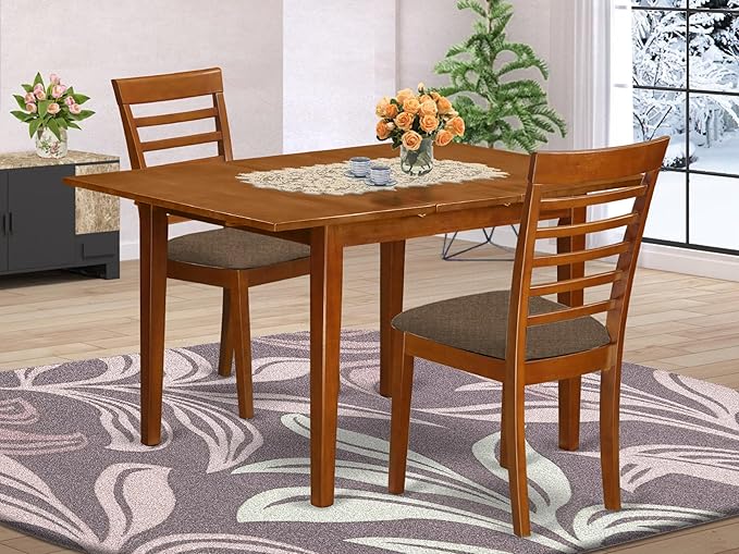 East West Furniture MILA3-SBR-C 3 Piece Dining Room Table Set Contains a Rectangle Kitchen Table with Butterfly Leaf and 2 Linen Fabric Upholstered Chairs, 36x54 Inch, Saddle Brown