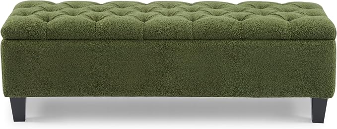 Christopher Knight Home Ottilie Boucle Fabric Storage Ottoman Bench, Wooden Rectangular Ottoman with Storage, Bedroom End of Bed Foot Stool, Entryway Ottoman Footrest, Living Room Extra Seat, Green