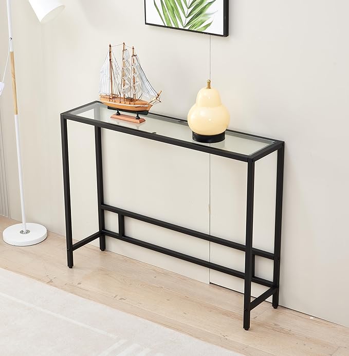 MAJARO Small Modern Console Table for Entryway, Tempered Glass with Metal Frame Sofa Table for Living Room, Hallway, Office (Single-Layer, Black)