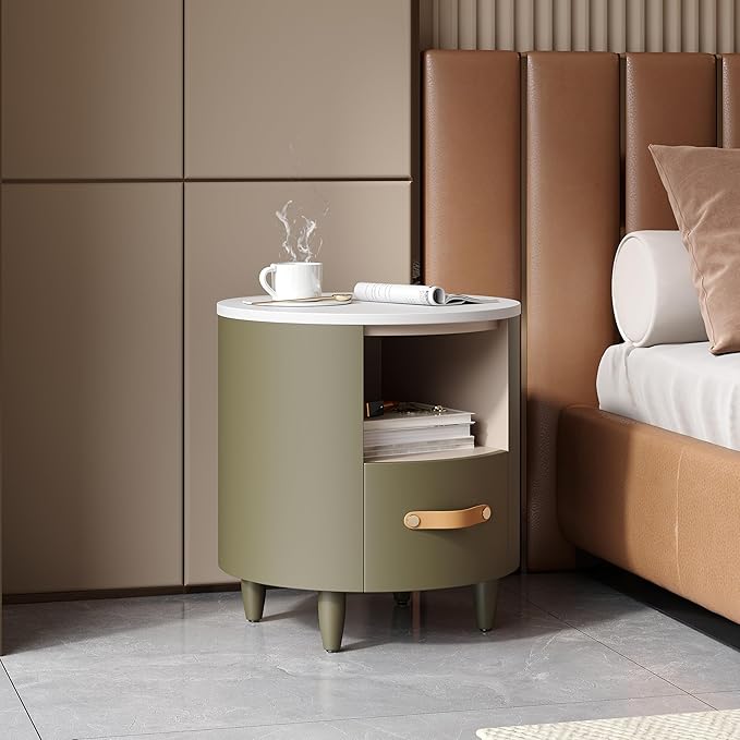 Merax Round Nightstand with Storage Drawer, MDF Contemporary Modern Bedside Table with Open Storage Shelf, Curved Design Sofa End Table for Bedroom & Living Room, Easy Assembly, Green