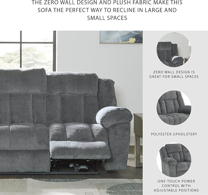 Signature Design by Ashley Tip-Off Modern Wall Hugger Power Reclining Sofa with Adjustable Headrest and USB Ports, Gray