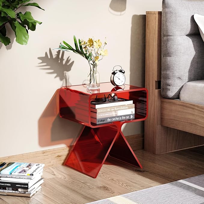 Acrylic Nightstand Side Table Modern Design Clear Home Decor Display End Table for Living Room (Red)