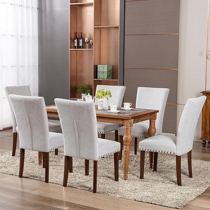 COLAMY Parsons Dining Chairs Set of 6, Upholstered Fabric Dining Room Kitchen Chair with Nailhead Trim and Wood Legs - Light Grey