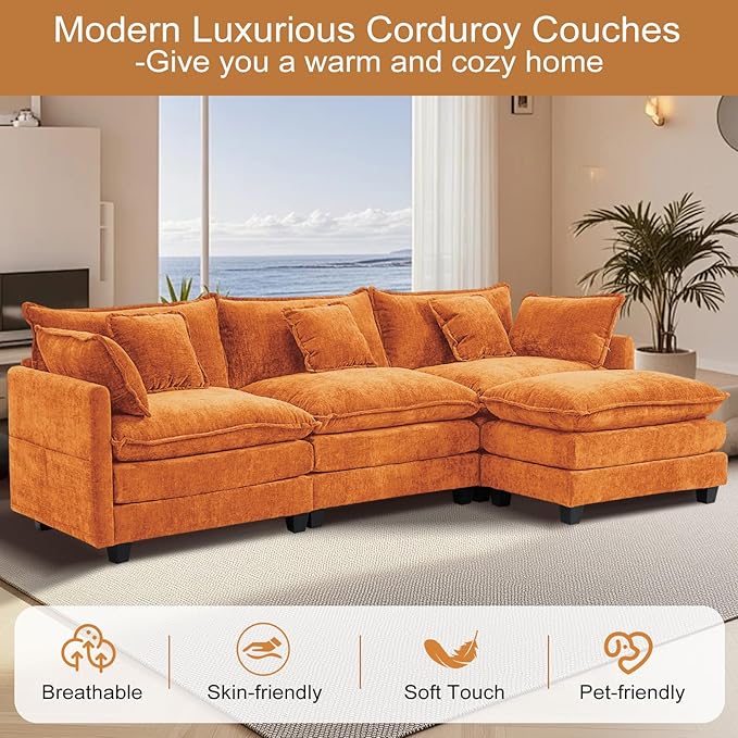 Furniliving 112‘’ L-Shaped Sofa, Luxury Chenille Modular Sectional Couches with Ottoman, Upholstered Deep Seat Sleeper Sofa with Memory Foam and Waist Pillows, Orange