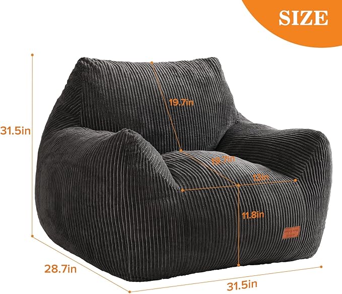 Big Bean Bag Chair for Adults & Kids, Ultra Soft Living Room Bean Bag with Armrests, Stuffed BeanBag Floor Sofa for Napping, Gaming, Lounging, Dark Gray