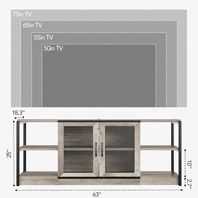 GarveeHome Farmhouse TV Stand for 65/75 Inch TVs, Entertainment Center with Storage Cabinet, 63'' Rustic TV Media Console Table, Furniture for Living Room, Grey
