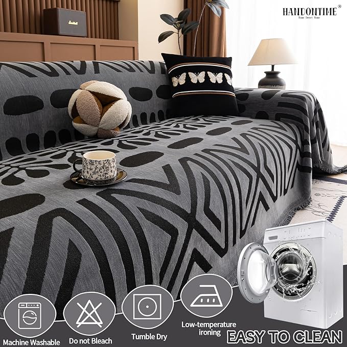 HANDONTIME Boho Couch Cover Blanket Geometric Striped Pet Covers for Couches and Sofas Dark Grey and Black Dog Cover for Couch Pet Friendly Chenille Sectional Sofa Covers for Pets Washable, 71" X150"