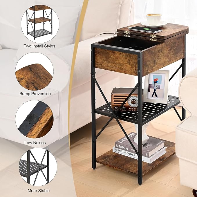 Narrow Side Table with Charging Station, End Tables Set of 2 for Small Spaces, Flip Top End Table with Storage, End Tables Living Room, Nightstand Set 2 with Drawer for Bedroom, Brown