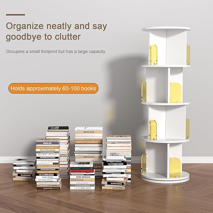 VECELO 4-Tier Rotating Bookshelf, Small Corner Bookshelf for Small Space, 360 Display Floor Standing Bookcase Storage Rack, Wood Narrow Book Shelf Organizer for Bedroom, Living Room, White