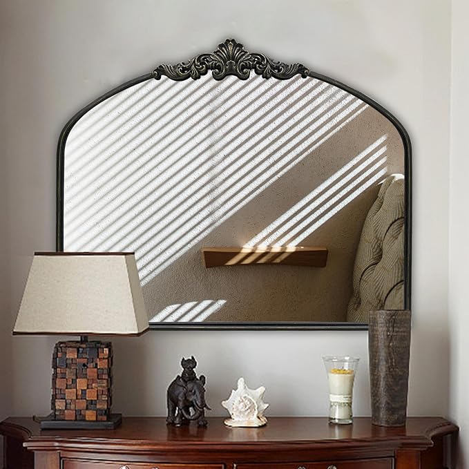 WAMIRRO Arched Mirror,Black Traditional Vintage Ornate Baroque Mirrors,Antique Brass Mirrors for Entryway/Fireplace/Living Room/Hallway/Bathroom.30“X36“ Balck