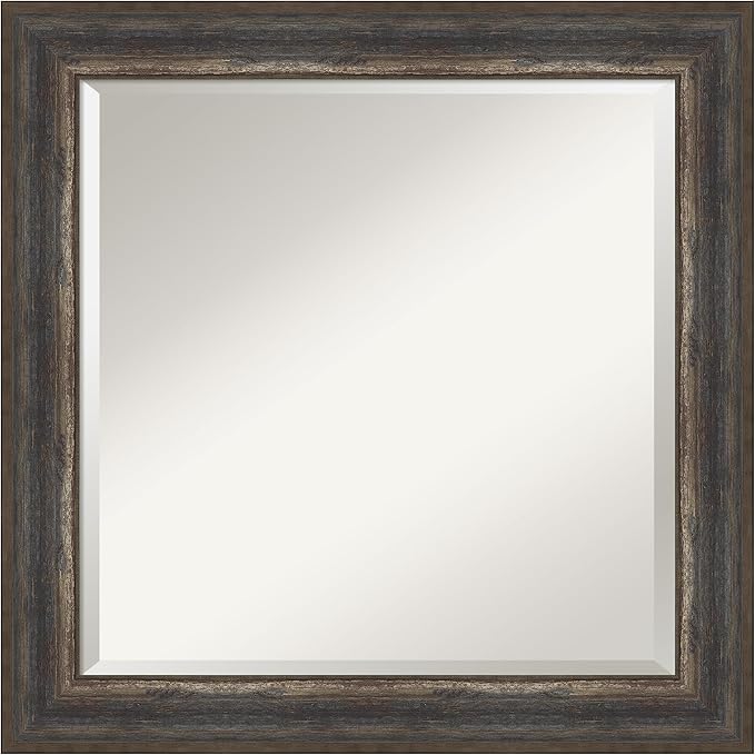 Amanti Art Brown Wall Mirror 25x25 Alta Rustic Char Square Bathroom Mirror for Wall Decor Living Room, Medium Rustic Farmhouse Frame, Hangs Horizonally and Vertically, Bathroom Decor, Beveled Edge