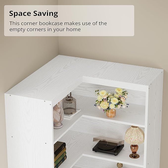 IRONCK Corner Bookshelf with Doors, 6 Tier Bookcase with Storage, Corner Shelf with Cabinet, Large Tall Bookshelf for Living Room, Home Office, Bedroom,White