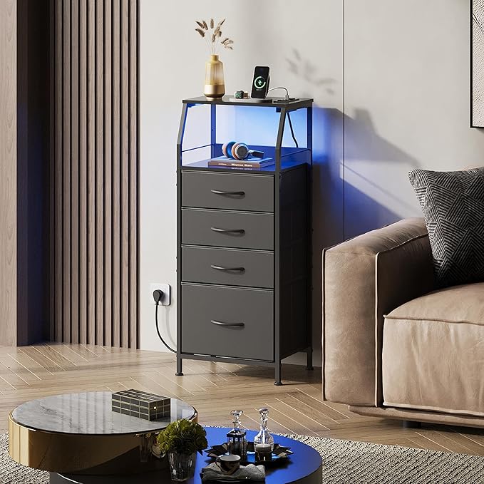 WLIVE Night Stand with Charger Station, LED Nightstand with 4 Fabric Drawers and Storage Shelf, Tall Dresser for Bedroom, 37.48" H Bedside Table with 3 USB Ports and Outlets, Black