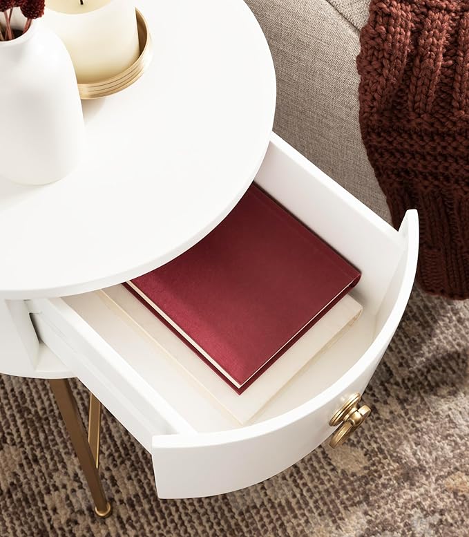 Kate and Laurel Decklyn Decorative Glam Round Side Table, 14 x 14 x 24, White and Gold, Modern Circle Living Room Table with Pull Drawer for Useful Storage