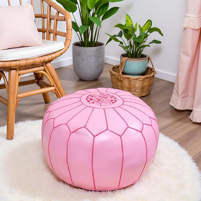 Stuffed Round Design Moroccan Leather Pouf Ottoman, Handmade, Pre-Filled, 100% Genuine Leather, 13” Height x 20” Diameter, Footstool & Living Room Décor (Pink)
