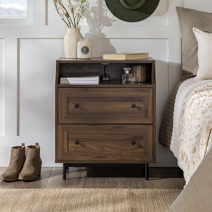Florence 22 Inch 2 Drawer Open Top Side Table with USB Port - Dark Walnut