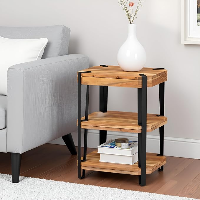 Ryegate 3-Tier End Table with Storage “ Live Edge Solid Acacia Wood Side Table with Industrial Metal Frame and 2 Open Lower Shelves for Living Room, Bedroom, Entryway by Alaterre Furniture