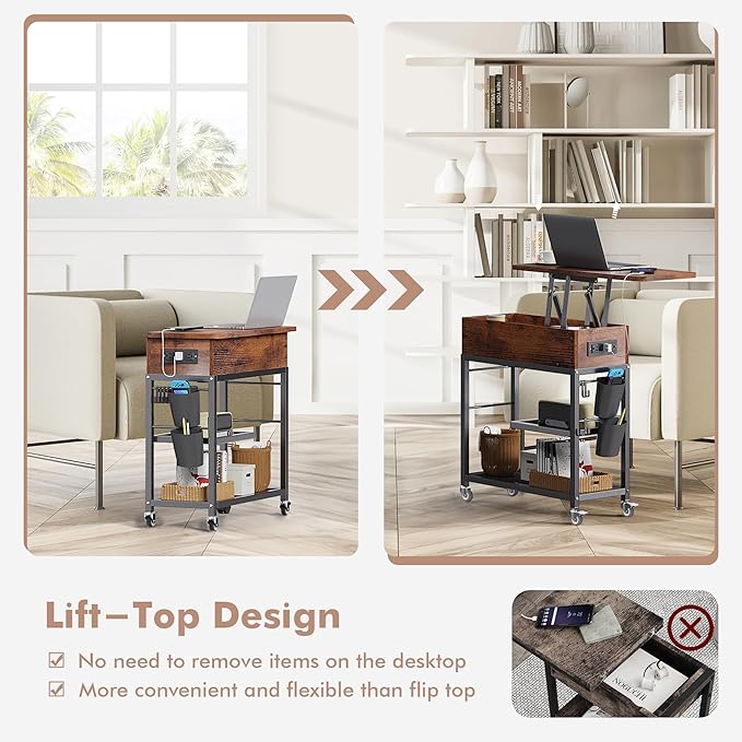 Colima Lift Top End Table with Charging Station and Wheels, Sofa Side Table with USB Port & AC Outlets, Movable Bedside Nightstand with Side Bag for Office Living Room Bedroom(Rustic Wood)