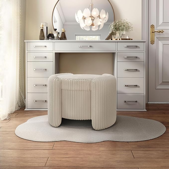 Furniture of America Lennox Modern Chenille 25-inch Round Storage Ottoman with Reversible Flip Top, Upholstered Footstool for Living Room, Bedroom, Entryway, Beige Pink
