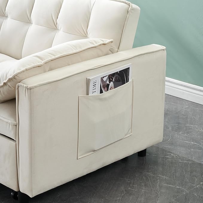 Ball & Cast Convertible Sofa Bed,Loveseat Sleeper Sofa W/Pull-Out Bed&2 Pillows,Convertible Pull Out Couch W/Adjustable Backrest&Side Pocket,Velvet Futon Couches for Living Room,Apartment,Beige,55"